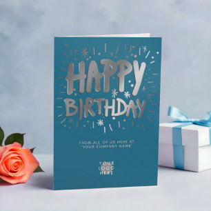 Carte Logo Personnalisé Faux Silver Fun Turquoise Joyeux