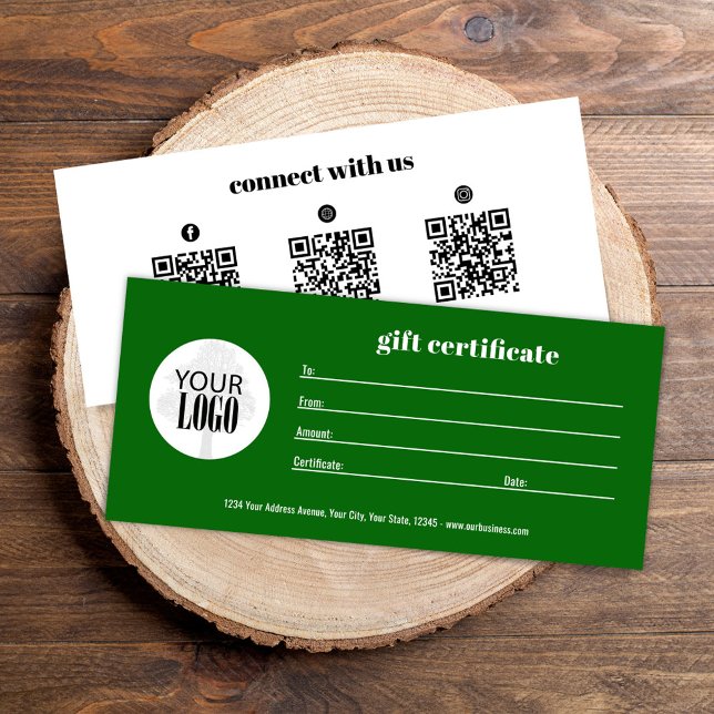 Carte Logo simple QR Code certificat cadeau vert (Green and white custom add your logo gift certificate)