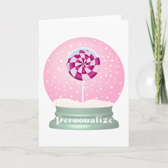 Carte Lollipop enneigée globe mignon fille rose hiver (Devant)