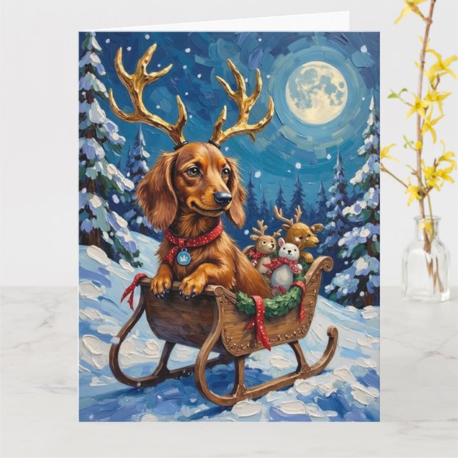 Carte Long-Haired Dachshund Reindeer Sleigh (Fleur jaune)