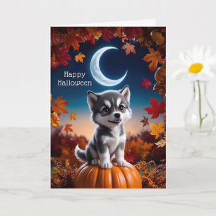Carte Loup adorable avec Crescent Moon Halloween Art