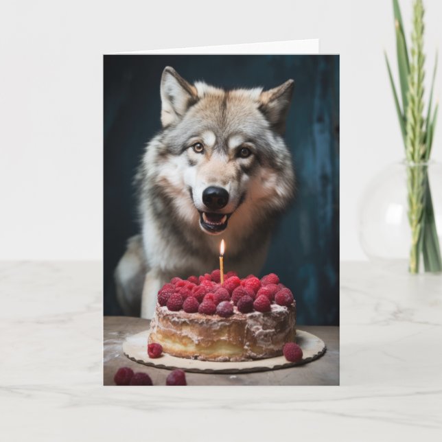 Carte Loup avec gâteau d'anniversaire (Devant)