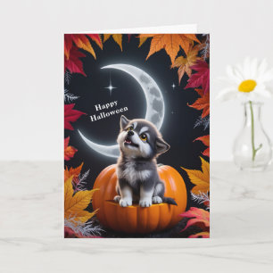 Carte Loup blanc mignon avec Crescent Moon Nightime Autu