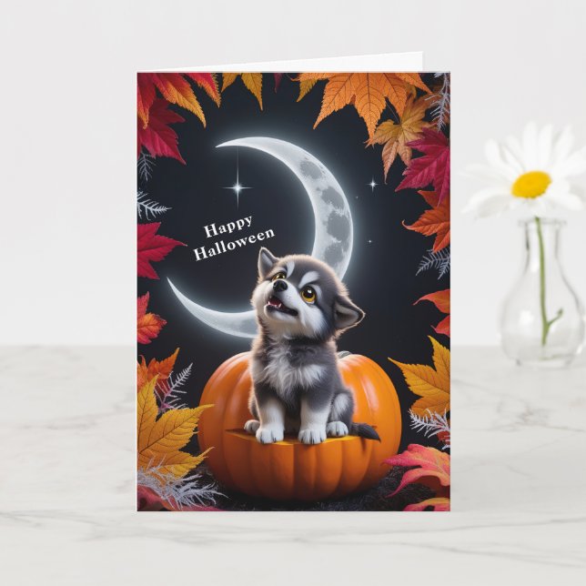 Carte Loup blanc mignon avec lune croissante Nuit Automn (Petite plante)