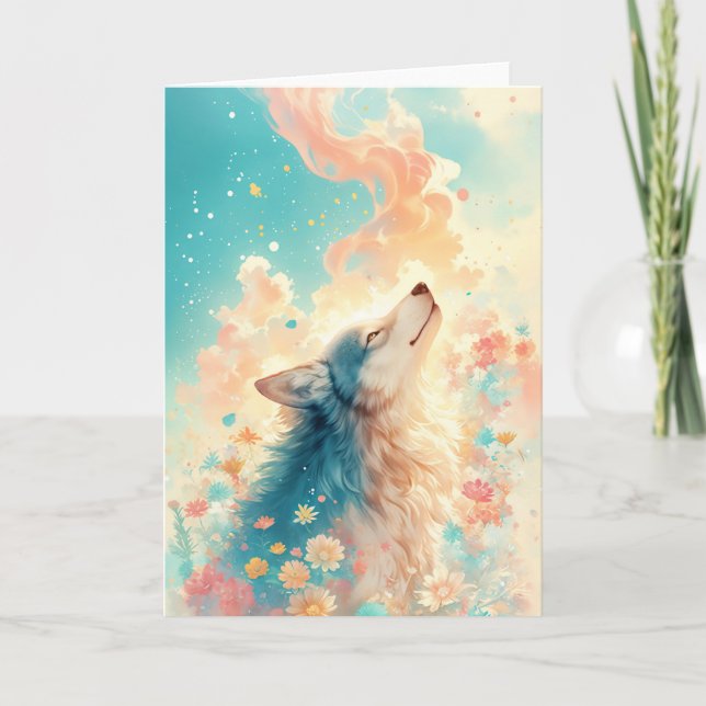 Carte Loup de rêve entouré de fleurs (Devant)