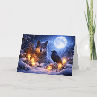 Carte Loup Hibou Corbeau Solstice d'Hiver Yule avec Lune