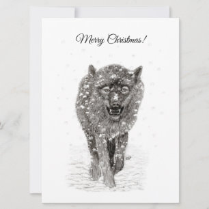 Carte Loup noir en colère dans la neige, hiver sauvage