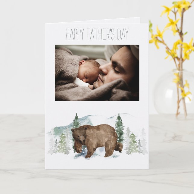 Carte L'ours de la Fête des pères forestière avec photo (Fleur jaune)