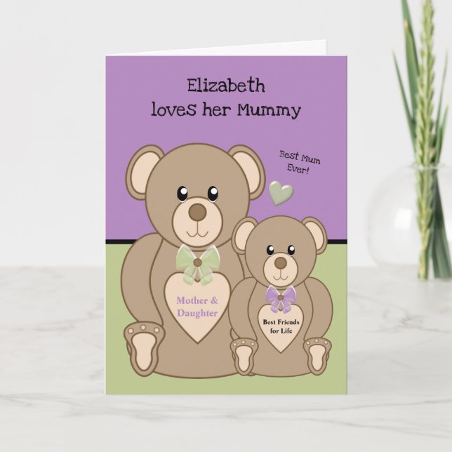 Carte L'ours en peluche vous aime maman violet et vert (Devant)