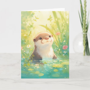 Carte Loutre fantaisiste dans un étang fleuri
