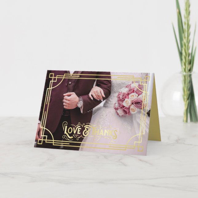 Carte Love & Merci Art Déco Burgundy Photo Mariage (Devant)
