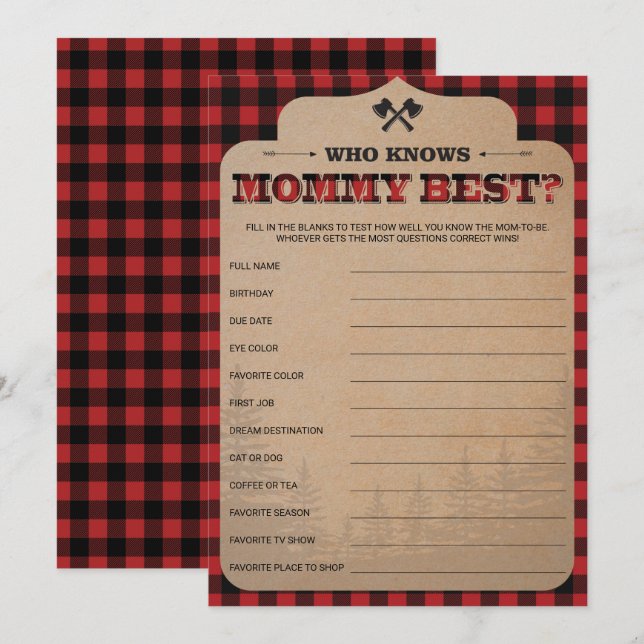 Carte Lumberjack Baby shower Jeu Qui Connaît Maman Meill (Devant / Derrière)