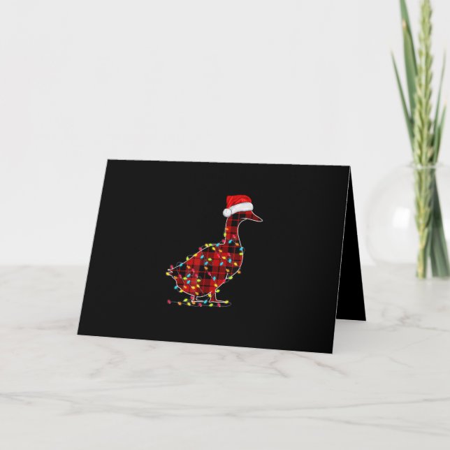 Carte Lumière de Noël Canard Drôle à Carreaux Rouges Cor (Devant)