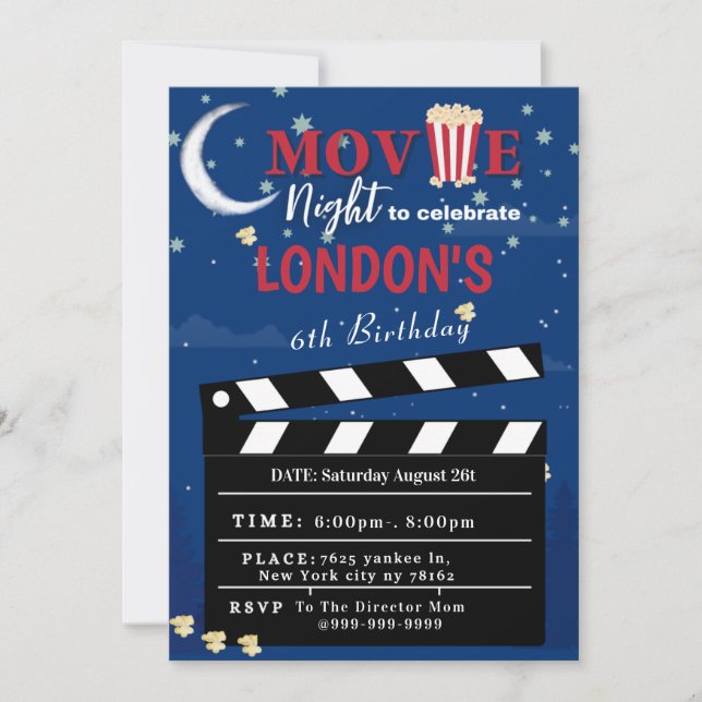 Carte Lumières Caméra Film Nuit 1 Anniversaire Invitatio (Devant)