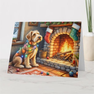 Carte Lumières de Noël au feu de cheminée Airedale Terri