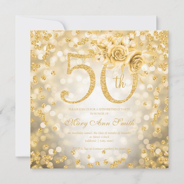 Carte Lumières dorées Floral 50e anniversaire (Devant)