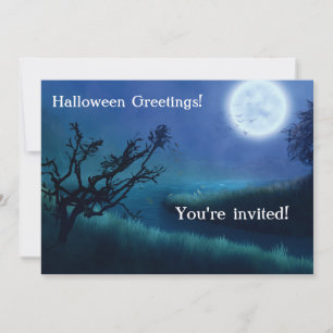Carte Lune d'Halloween à la nuit dans les tons bleu et v