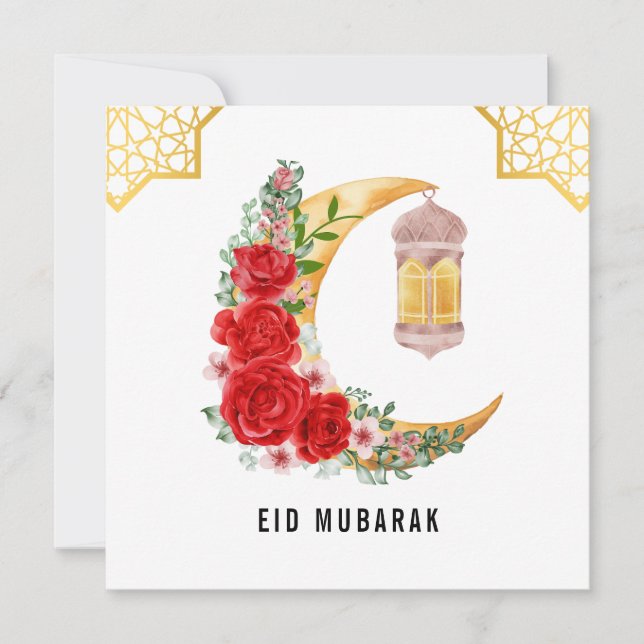 Carte Lune du croissant de rose rouge Aïd Moubarak (Devant)