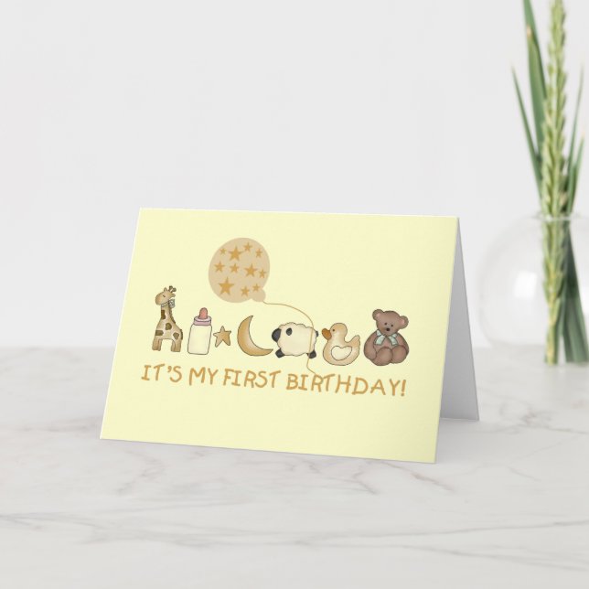 Carte Lune, étoiles et animaux Premier anniversaire (Devant)