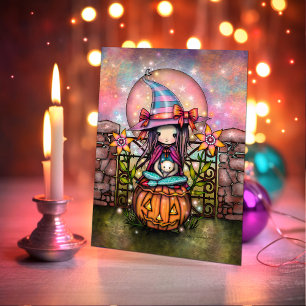 Carte Lune rougissante Halloween Sorcière mignonne Art