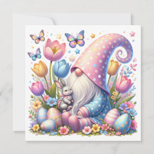 Carte Lutin de Pâques avec lapin et fleurs printanières
