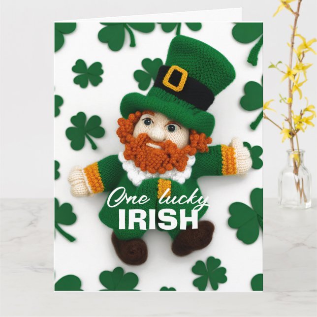 Carte Lutin tricoté jour de la Saint-Patrick 2024 (Fleur jaune)
