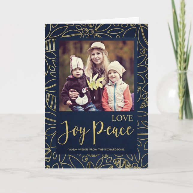 CARTE LUXE NAVY GOLD HOLLY BERRIES AIME JOY PEACE PHOTO (Devant)