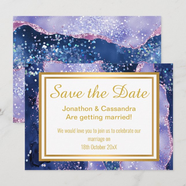 CARTE LUXE NAVY PURPLE OR ENREGISTRER LA DATE (Devant / Derrière)