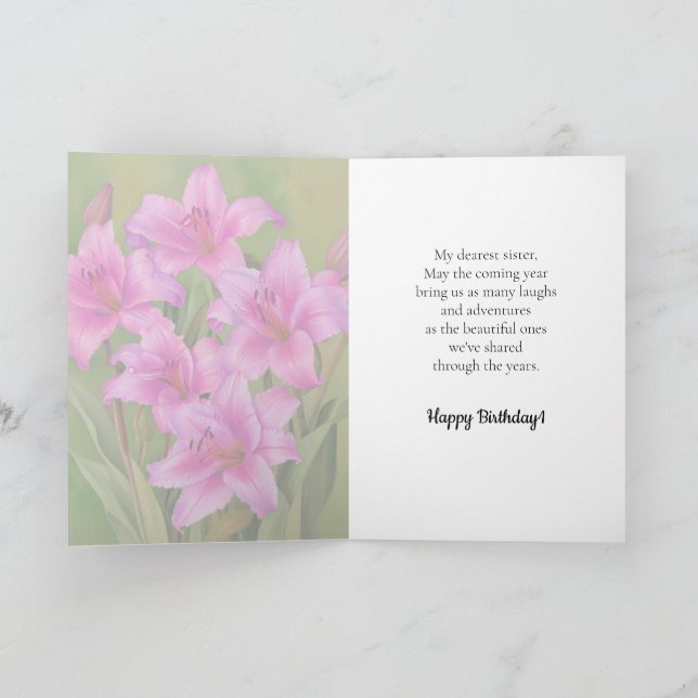 Carte Lys rose vif et mignonne Bonne Soeur d'anniversair (Intérieur)