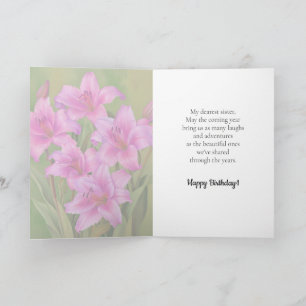 Carte Lys rose vif et mignonne Bonne Soeur d'anniversair