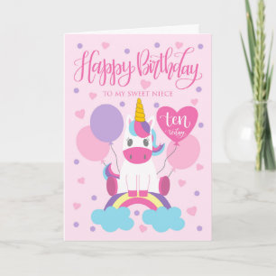 Carte Ma nièce 10e anniversaire Licorne assise sur un ar