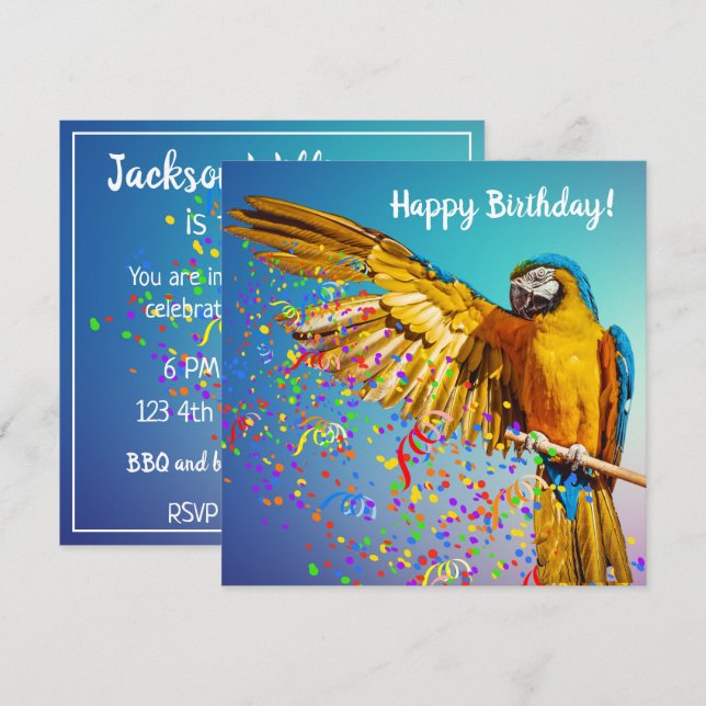 Carte Macaw bleu et jaune lance Confetti (Devant / Derrière)