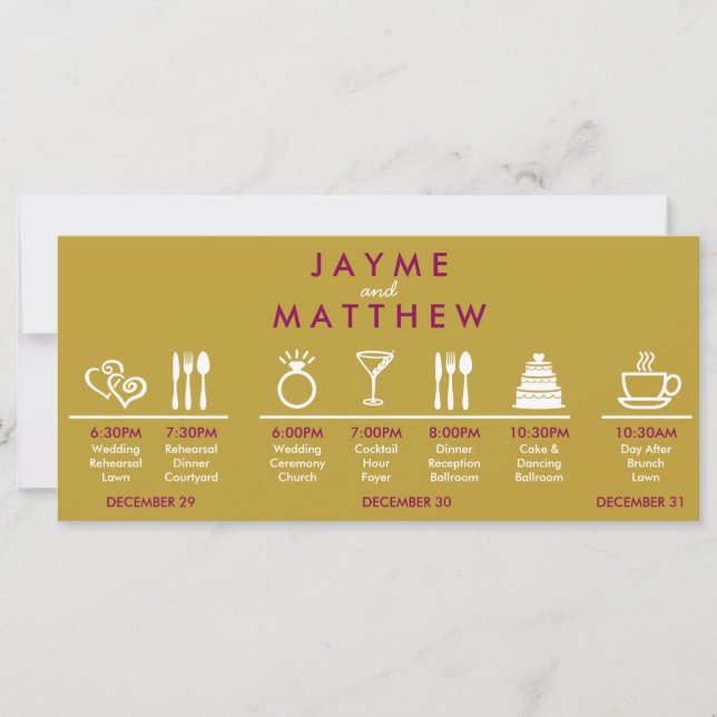 Carte Magenta Gold Mariage Timeline Welcome Bag Note (Devant)