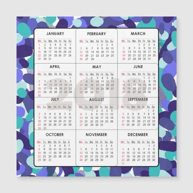Carte Magnétique 2018 points bleus magnétiques carrés de calendrier (Devant)