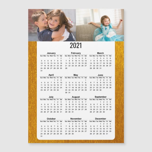 Carte Magnétique 2021 Calendrier de l'année complète deux photos Or (Devant)