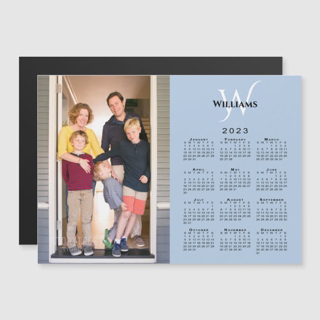Carte Magnétique 2023 Calendrier Personnalisé Photo Monogramme Blue (Devant / Derrière)