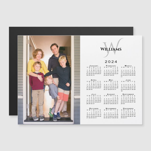 Carte Magnétique 2024 Calendrier Personnalisé Photo Monogramme Nom  (Devant / Derrière)