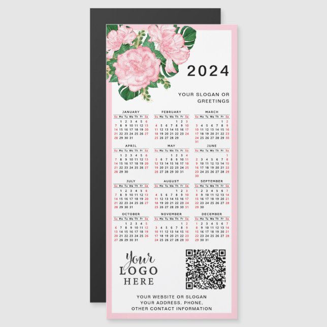 Carte Magnétique 2024 Calendrier Rose Blanc Floral Logo Code QR (Devant / Derrière)