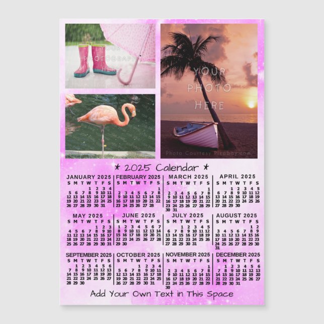 Carte Magnétique 2025 Calendrier Aquarelle rose Personnalisé Photos (Devant)