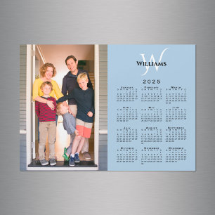 Carte Magnétique 2025 Calendrier Personnalisé Photo Monogramme Blue