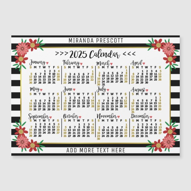 Carte Magnétique 2025 Calendrier Preppy Floral Stripes Aimant Perso (Devant)