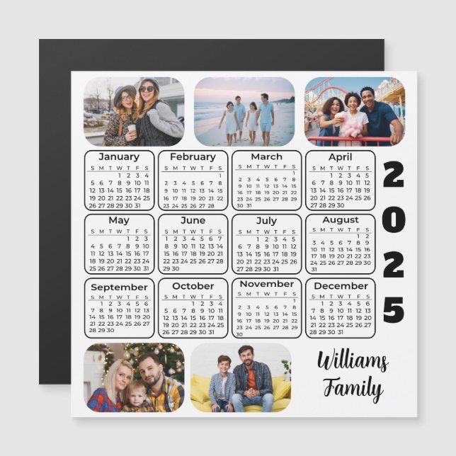 Carte Magnétique 2025 Calendrier Simple Moderne 5 Photos Family Mag (Devant / Derrière)
