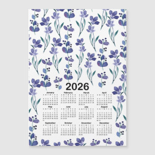 Carte Magnétique 2026 Calendrier Aquarelle Bleu Motif Floral