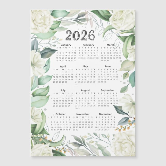 Carte Magnétique 2026 Calendrier Aquarelle Eucalyptus Blanc Floral (Devant)