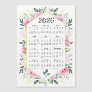Carte Magnétique 2026 Calendrier Aquarelle Rose Botanique Vert