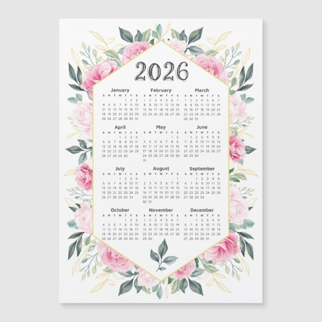 Carte Magnétique 2026 Calendrier Aquarelle Rose Botanique Vert (Devant)