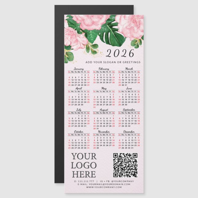 Carte Magnétique 2026 Calendrier Business Logo QR Code Pink Floral (Devant / Derrière)
