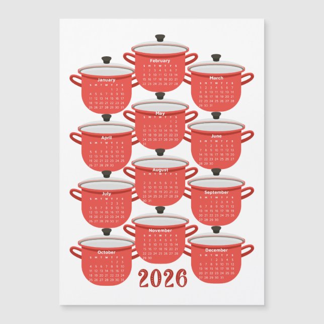 Carte Magnétique 2026 Calendrier Cuisine Rouge Cookware (Devant)