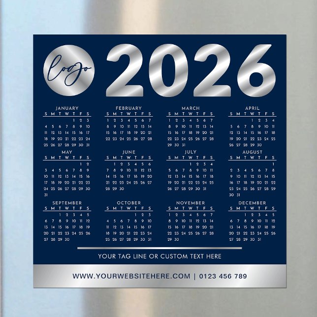 Carte Magnétique 2026 Calendrier Entreprise Logo Marine & Argent (Créateur téléchargé)