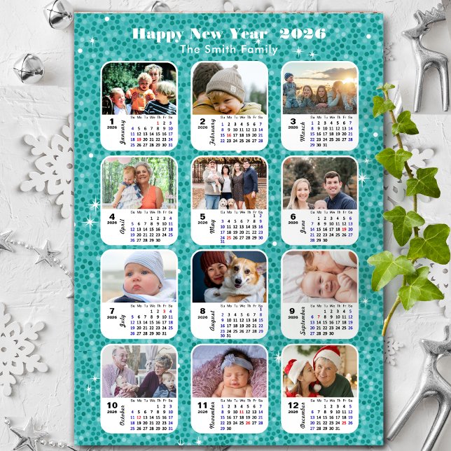 Carte Magnétique 2026 Calendrier Famille Photo Collage Moderne Bleu (Créateur téléchargé)
